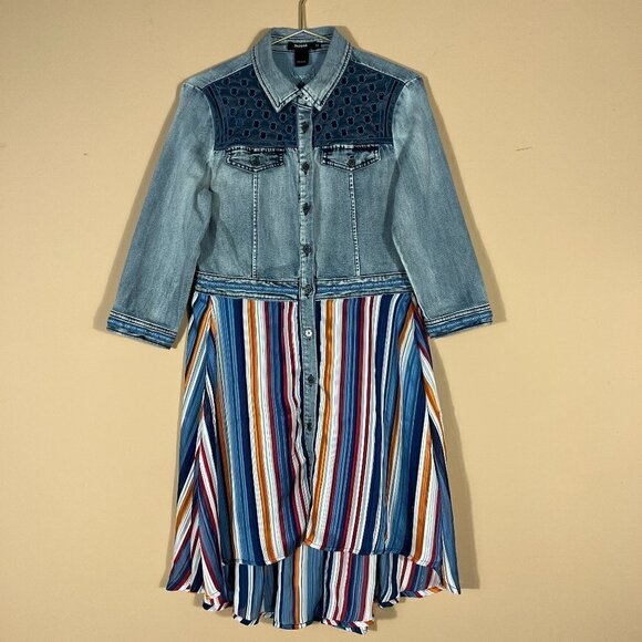 Desigual Denim Women's Front Button Striped High/Low Dress Size 10 - Picture 3 of 12